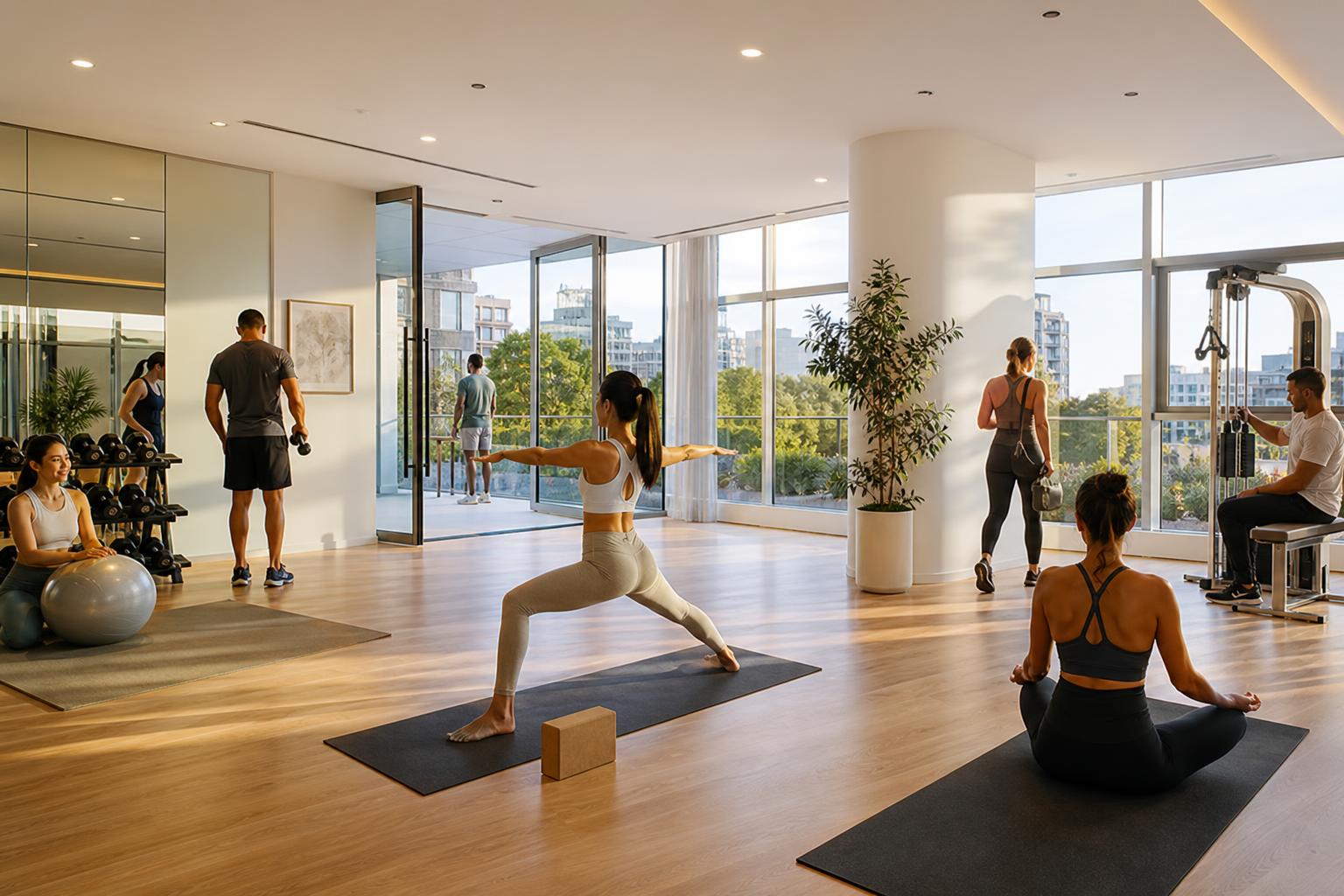 Residents enjoying a bright, modern fitness studio